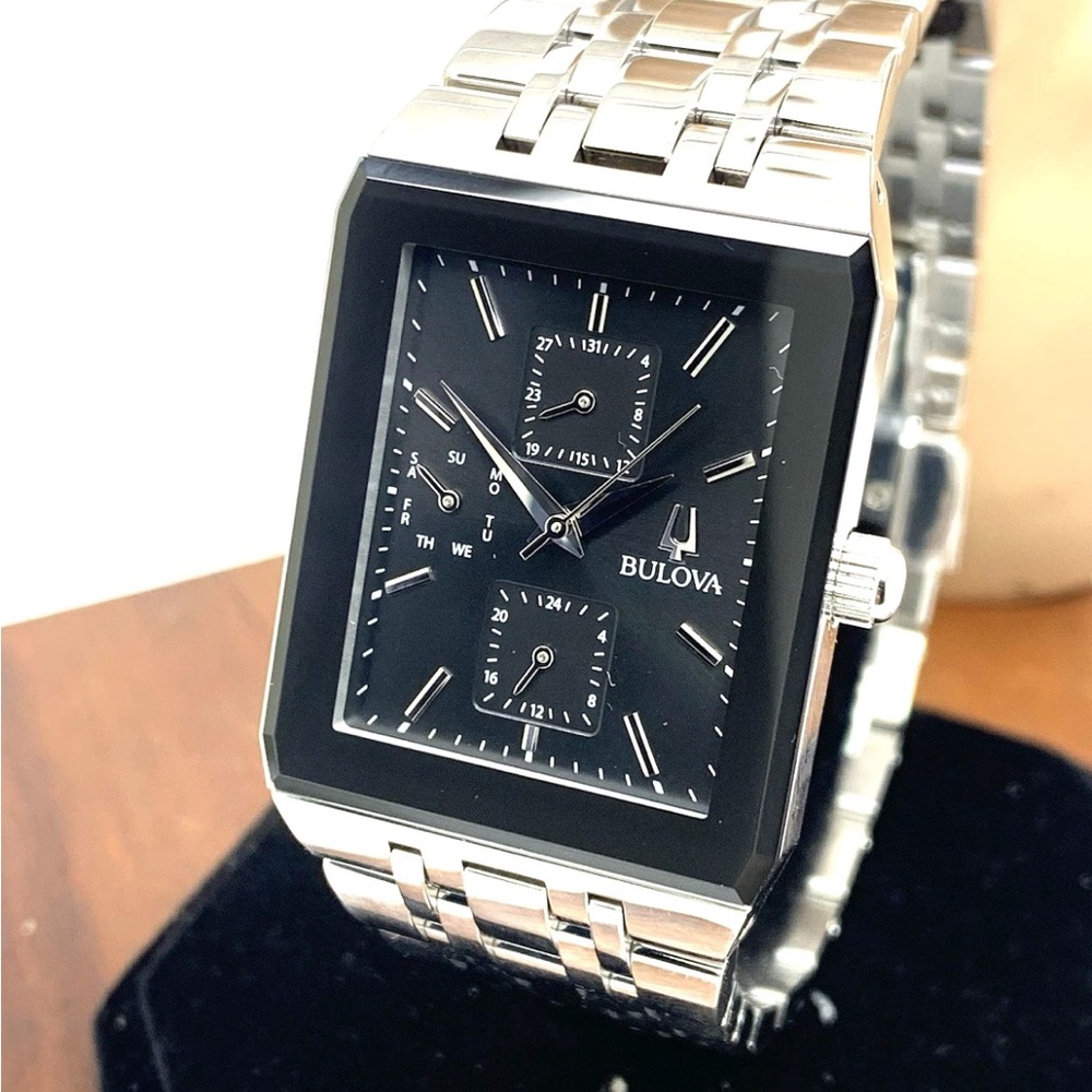 Bulova Men's Watch 96C150 Quartz Tank Black Dial Silver Stainless Steel 31x45mm